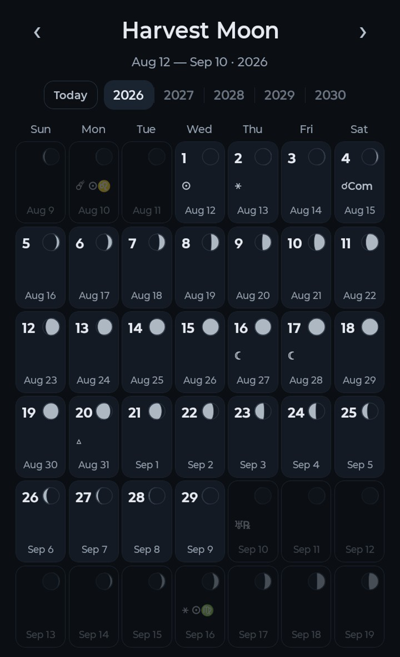 LuNAC calendar showing lunar phases and astronomical events for the second month.