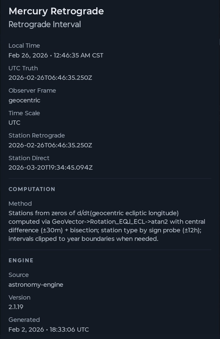 LuNAC event detail panel showing UTC truth and computational provenance.
