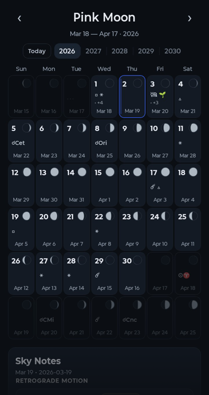 LuNAC monthly calendar showing lunar phases and astronomical events.