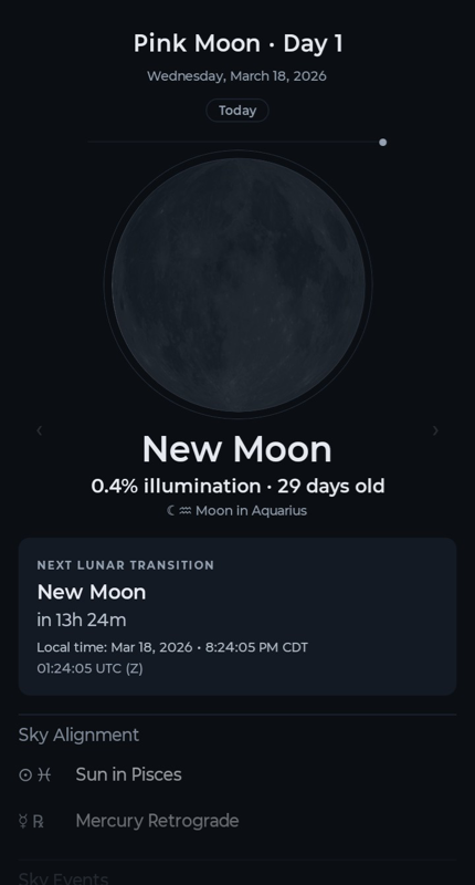 LuNAC daily moon view showing current lunar phase, illumination, and observational context.